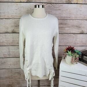 Elan Cream Acrylic Crew Neck Long Sleeve Side‎ Lace Up Sweater Top Size S